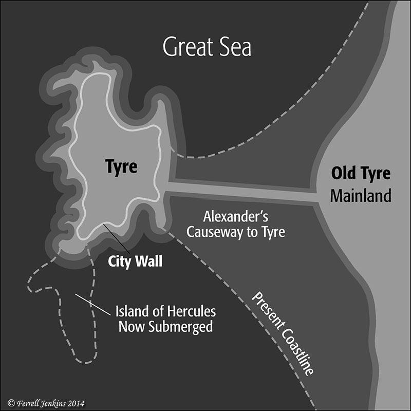 Map of old mainland Tyre connected to island Tyre.